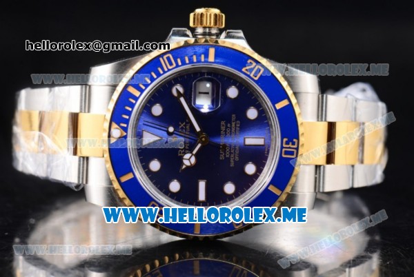 Rolex Submariner Clone Rolex 3135 Automatic Two Tone Case/Bracelet with Blue Dial and Dot Markers White Hands (BP) - Click Image to Close